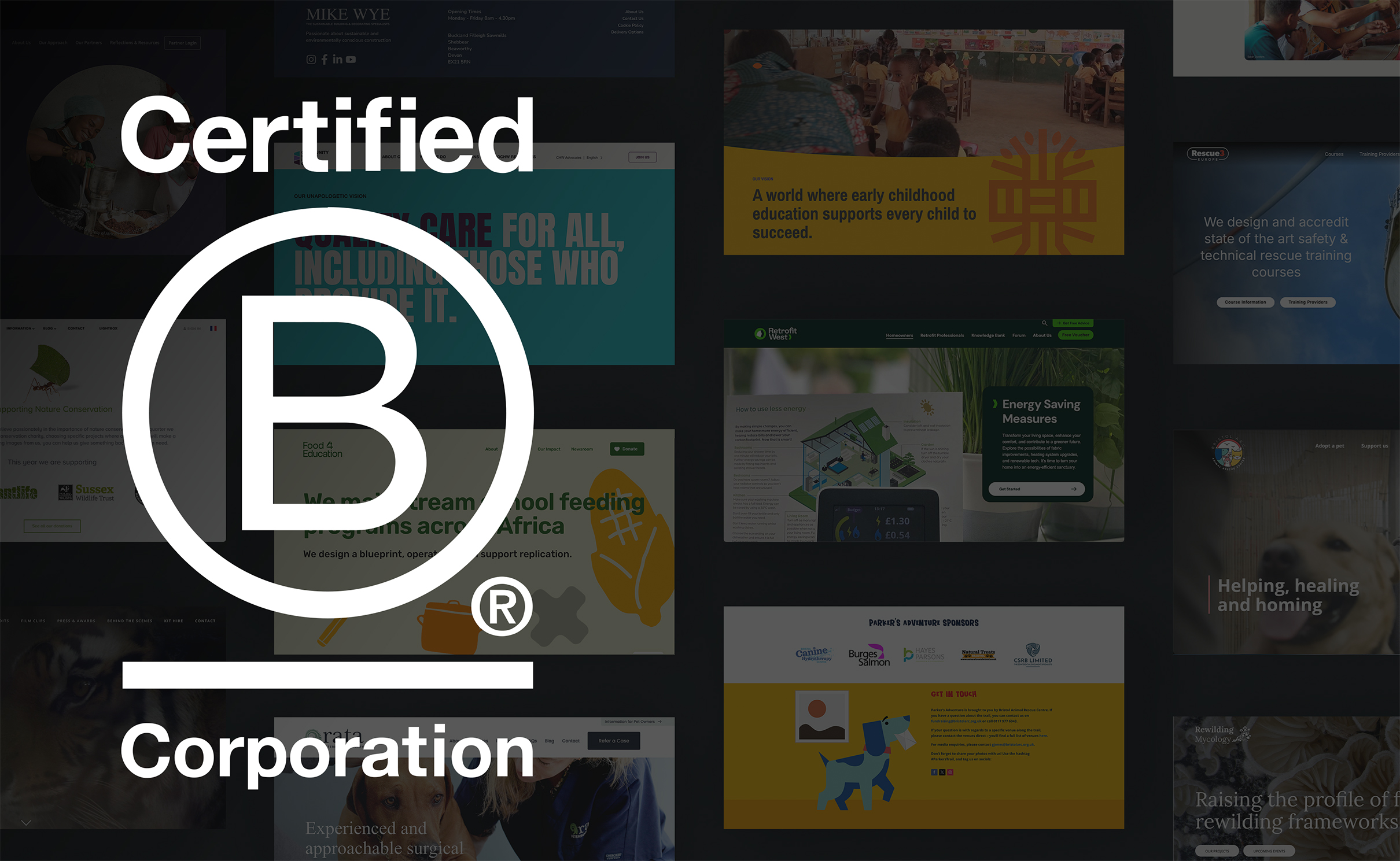 Certified B Corp logo appears above designs of charity websites by Winter Design